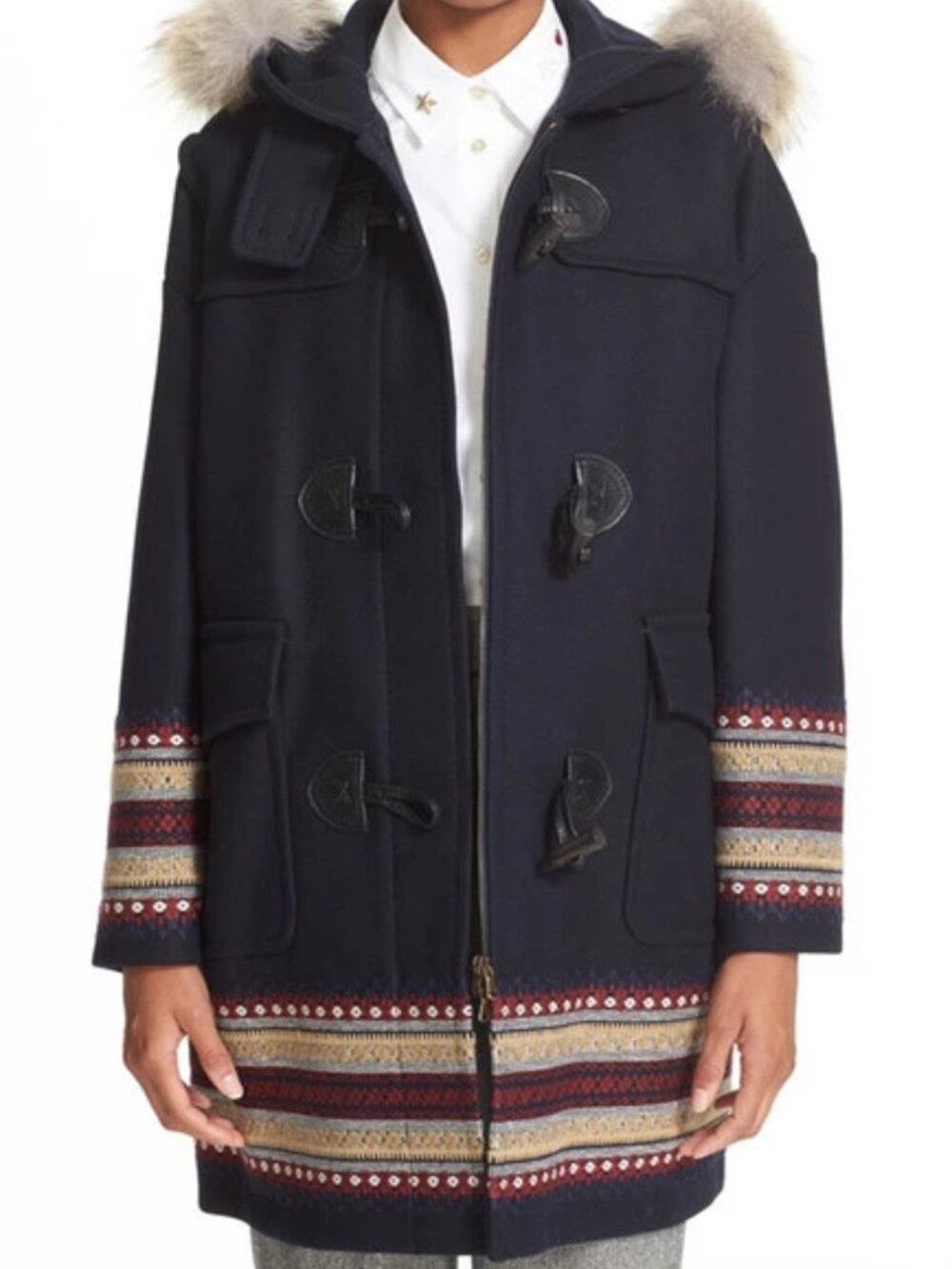 NWT Red Valentino Toggle Coat with Genuine Coyote Fur Trim in Navy - SZ 44 #W28